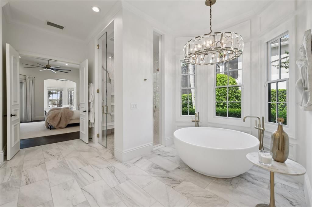 Bathroom, Bedroom, Free Standing Baths, Interior, Marble, Pendant Lights, Recessed Lighting