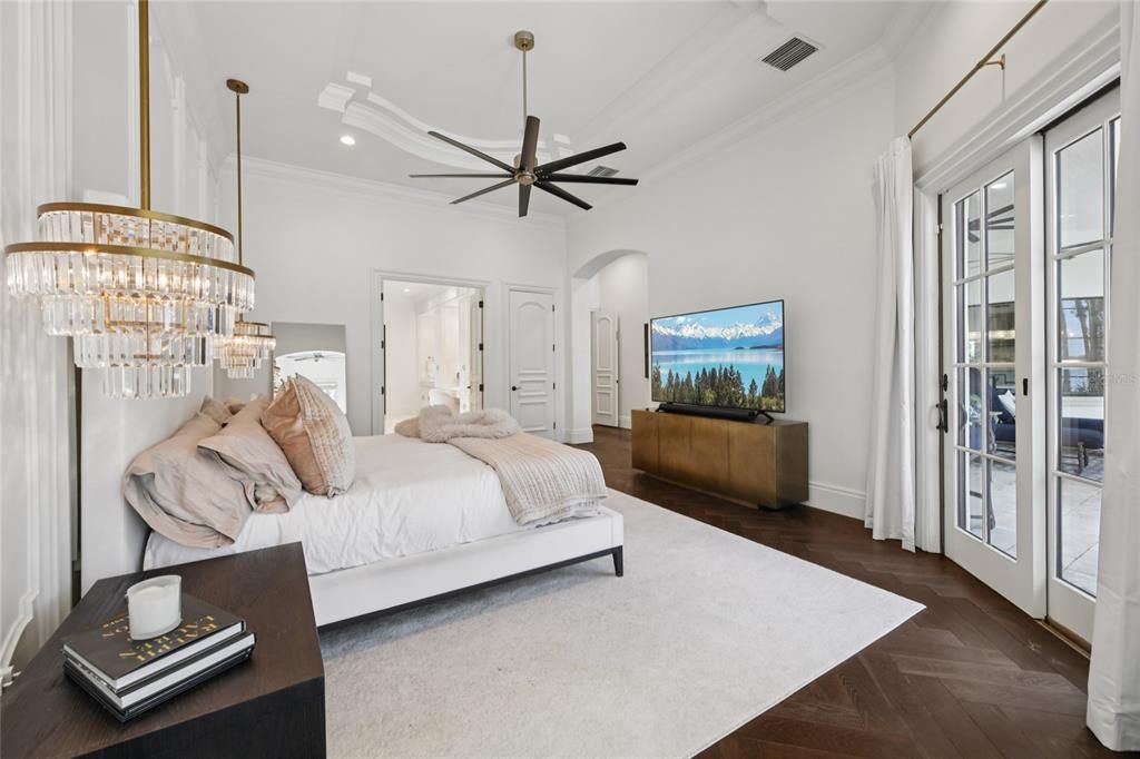 Bedroom, Chandelier, Interior, Recessed Lighting, Wood Texture Flooring