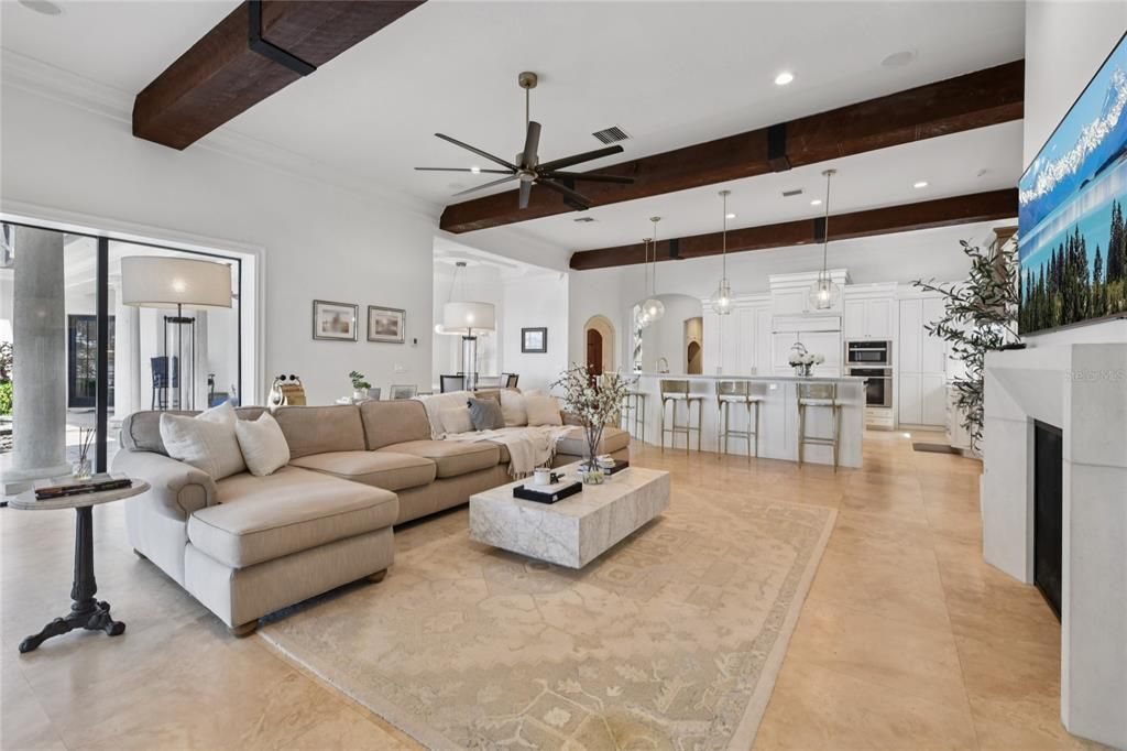 Fireplace, Interior, Kitchen, Living room, Pendant Lights, Recessed Lighting, Wooden Beams