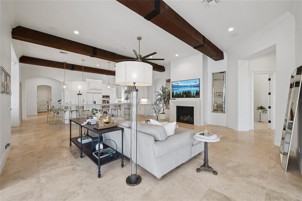 Fireplace, Interior, Kitchen, Living room, Pendant Lights, Recessed Lighting, Wooden Beams