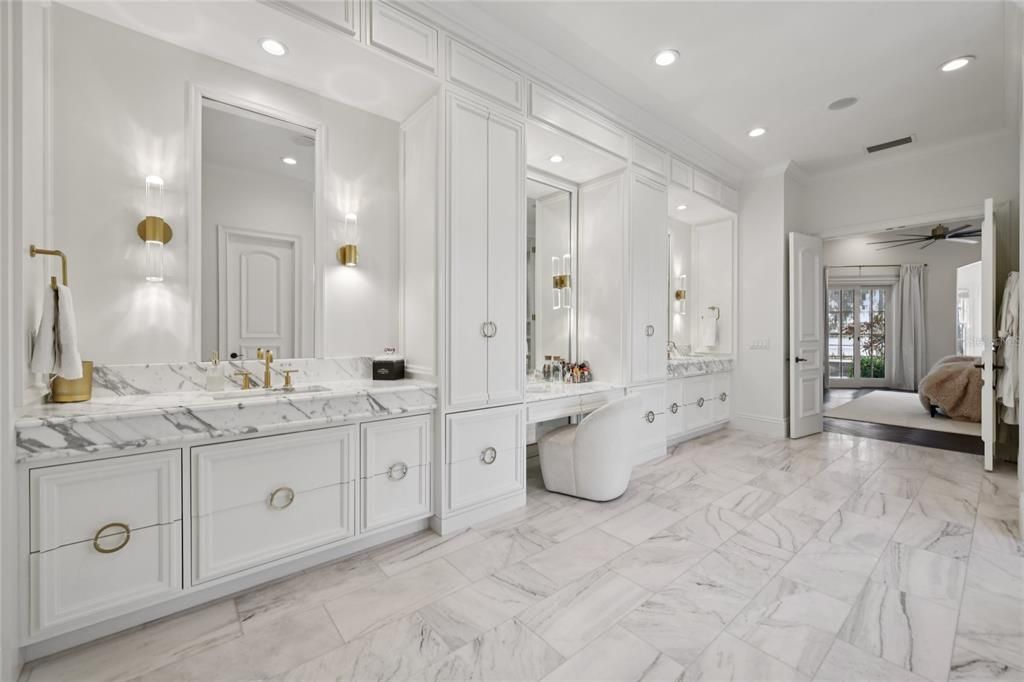Bathroom, Dual Sink Vanities, Interior, Marble, Recessed Lighting