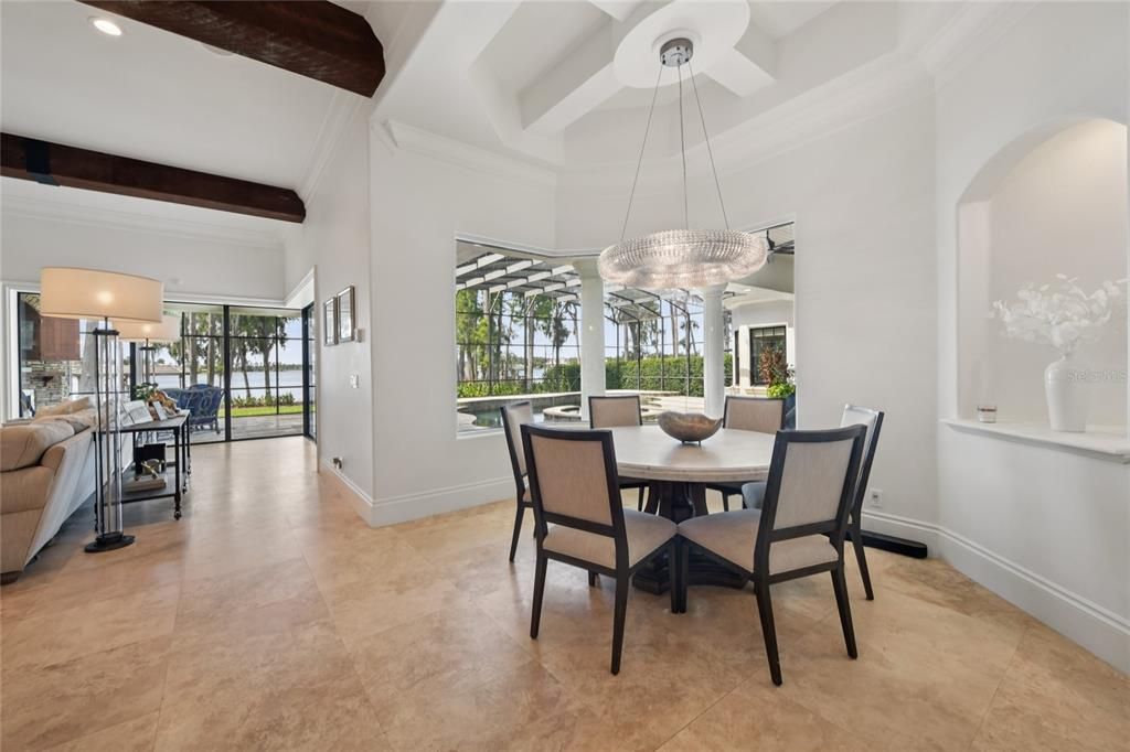 Chandelier, Dining room, Interior, Pendant Lights, Recessed Lighting, Wooden Beams