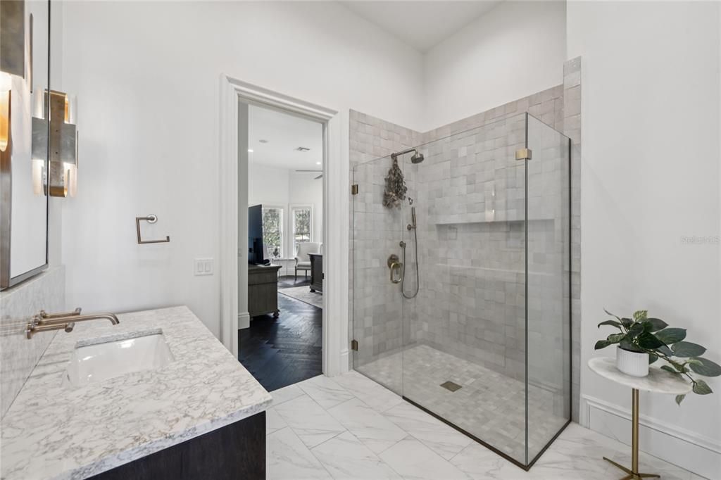 Bathroom, Glass Shower, Interior, Marble, Recessed Lighting, Wood Texture Flooring