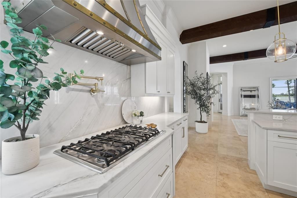 Interior, Kitchen, Marble Walls, Pendant Lights, Recessed Lighting, Stainless Steel Appliances, Wooden Beams