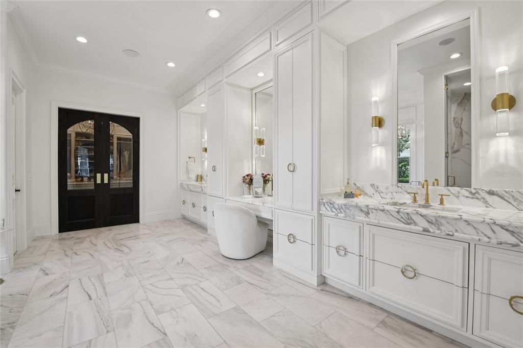 Bathroom, Dual Sink Vanities, Interior, Marble, Recessed Lighting