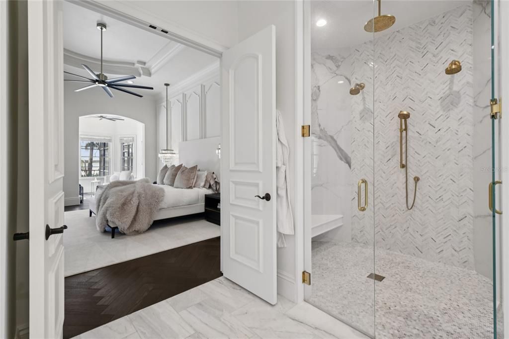 Bathroom, Bedroom, Glass Shower, Interior, Marble, Marble Walls, Recessed Lighting, Wood Texture Flooring