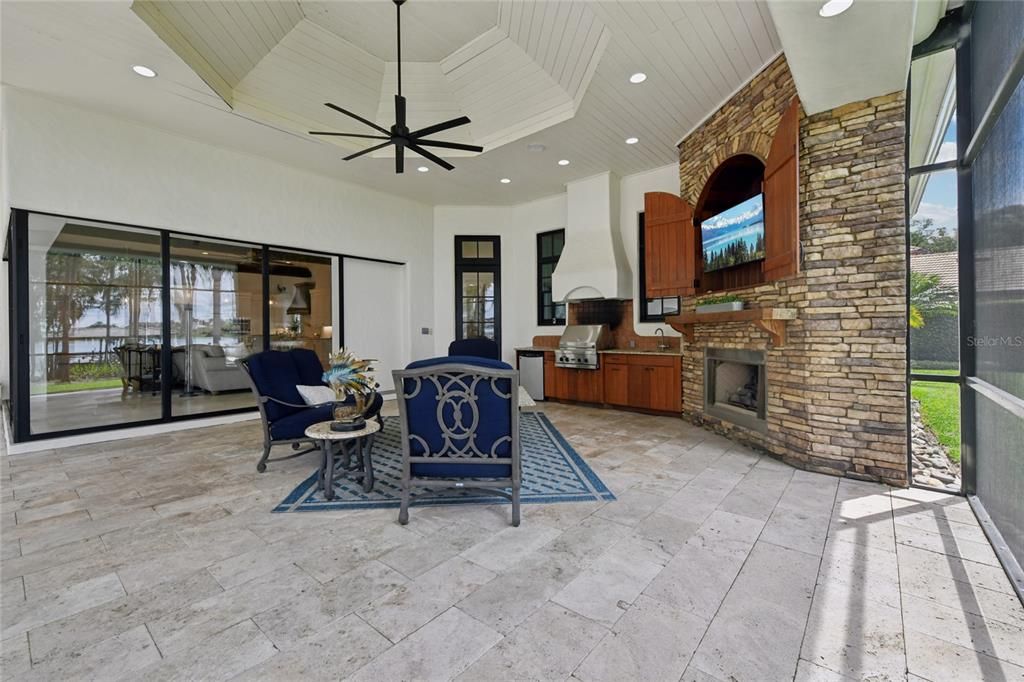 Fireplace, Interior, Recessed Lighting, Stone Walls
