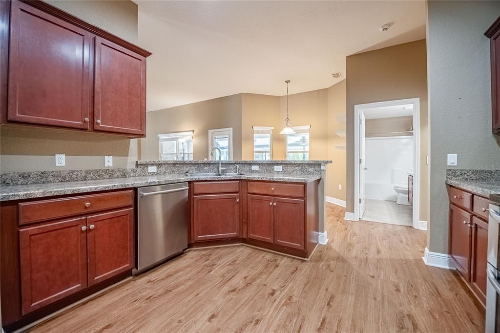 Interior, Kitchen, Pendant Lights, Wood Texture Flooring