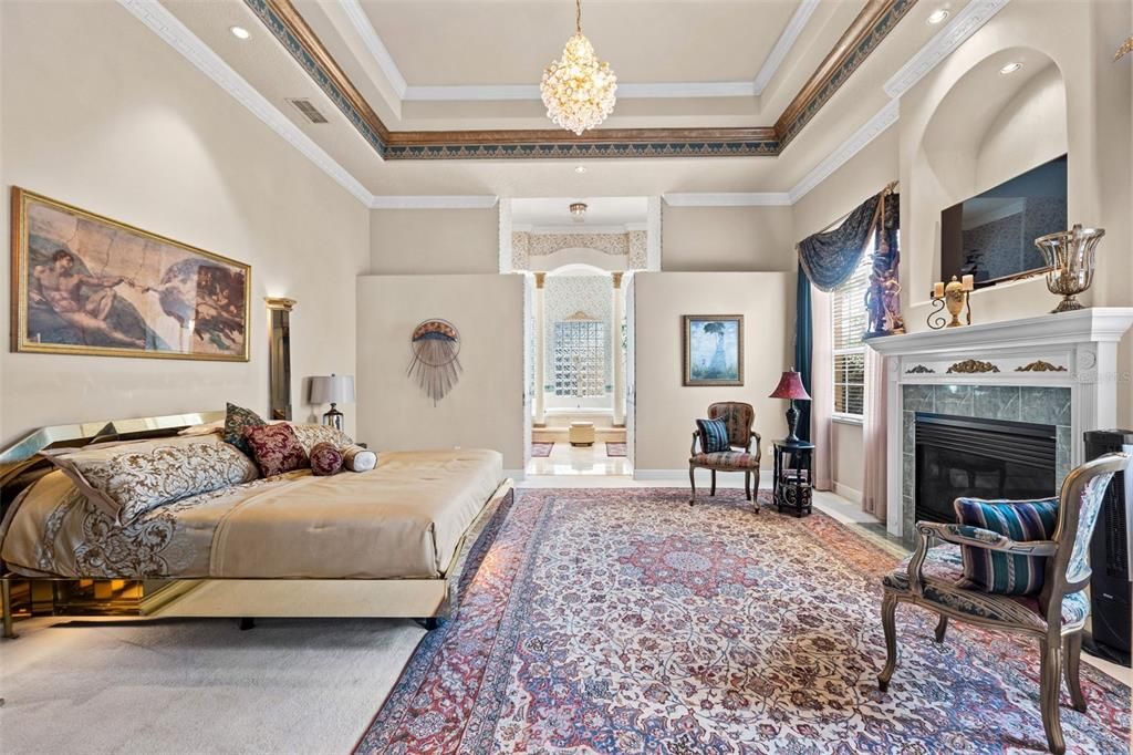 Bedroom, Chandelier, Fireplace, Interior, Recessed Lighting