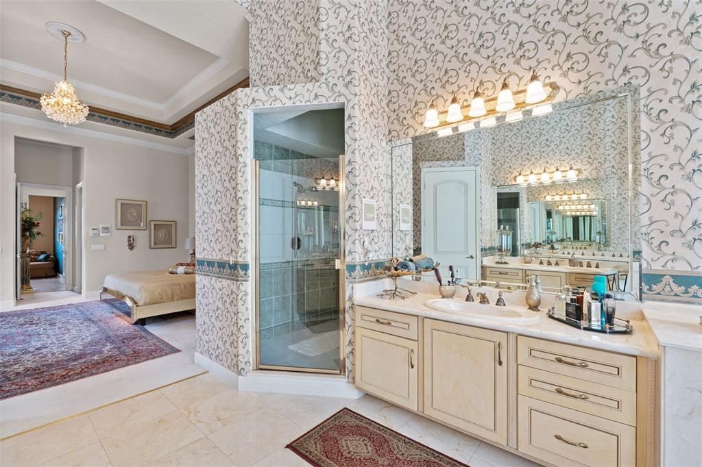 Bathroom, Dual Sink Vanities, Glass Shower, Interior, Pendant Lights
