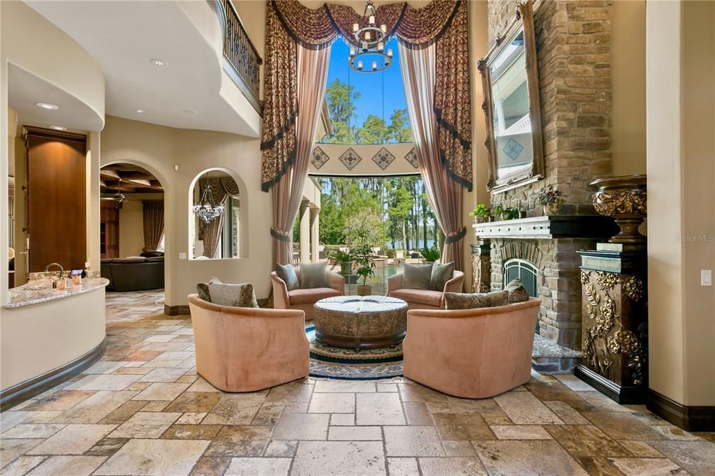 Fireplace, Interior, Living room, Recessed Lighting, Stone Walls