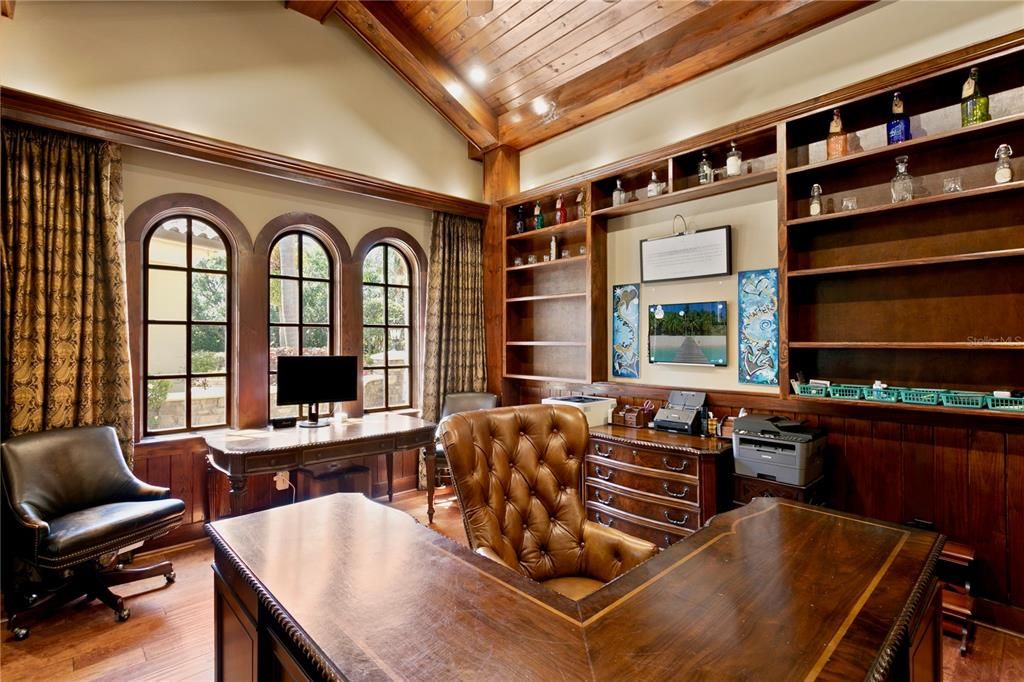 Home Office, Interior, Recessed Lighting, Wooden Ceilings, Wood Texture Flooring