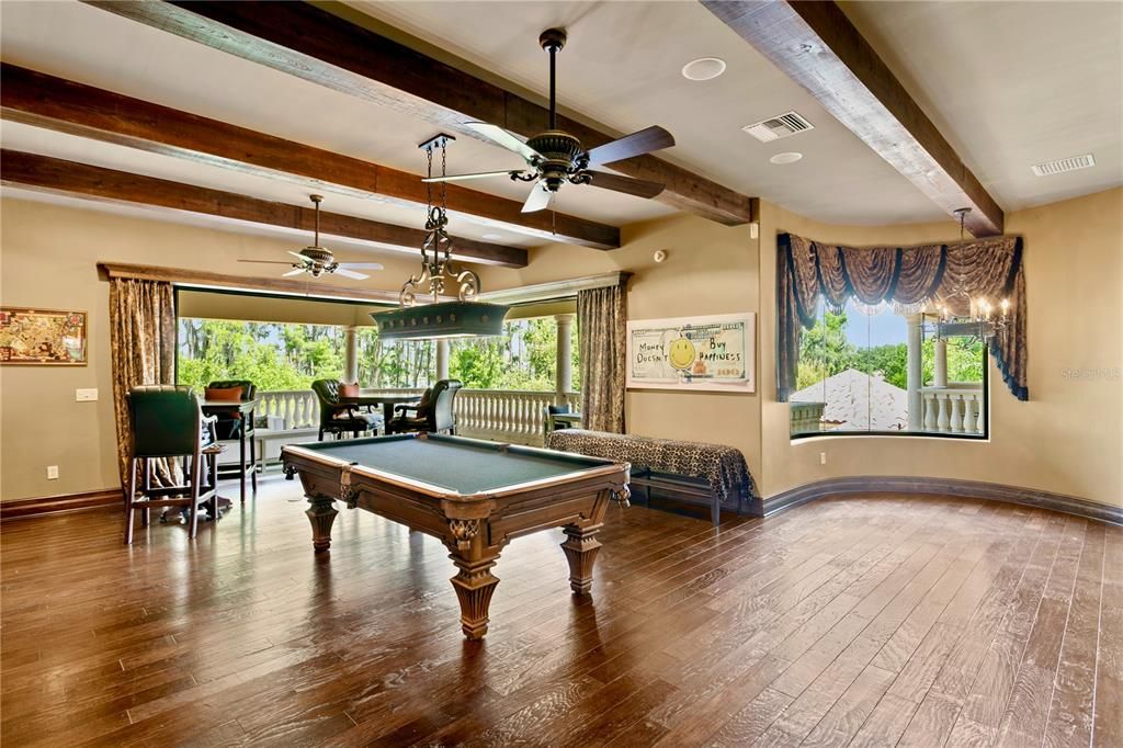 Billiard Table, Game Room, Interior, Pendant Lights, Recessed Lighting, Wooden Beams, Wood Texture Flooring