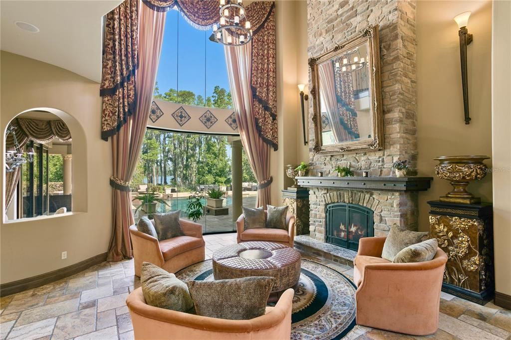 Fireplace, Interior, Living room, Pendant Lights, Stone Walls