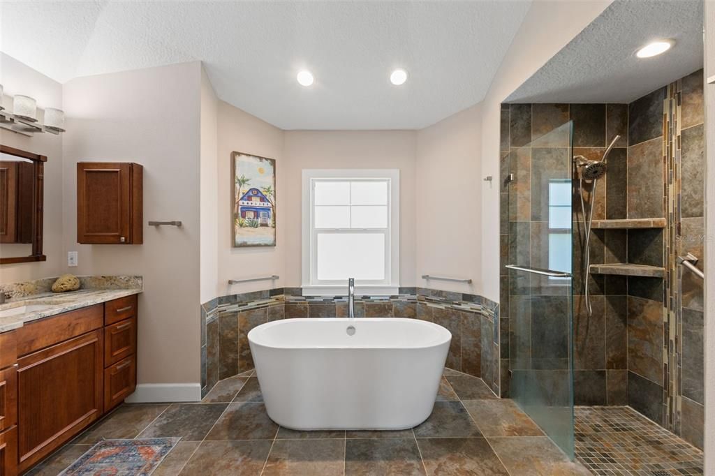 Bathroom, Free Standing Baths, Glass Shower, Interior, Recessed Lighting