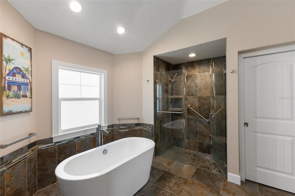 Bathroom, Free Standing Baths, Glass Shower, Interior, Recessed Lighting