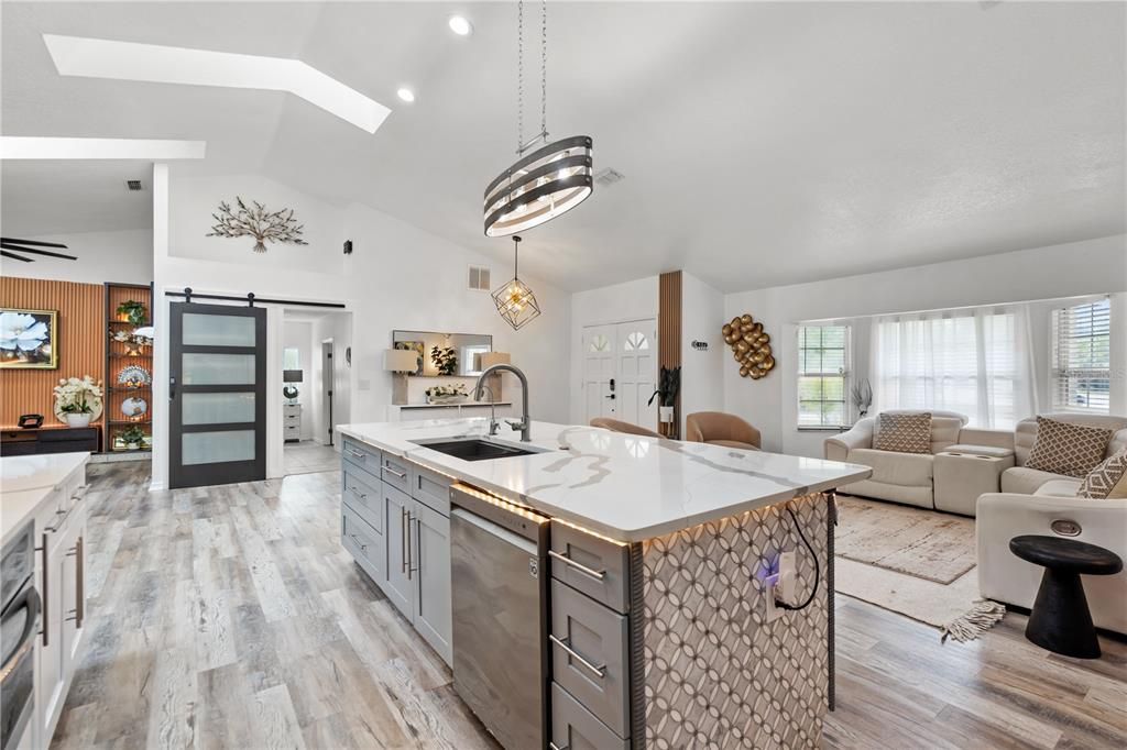 Interior, Kitchen, Living room, Pendant Lights, Recessed Lighting, Wood Texture Flooring