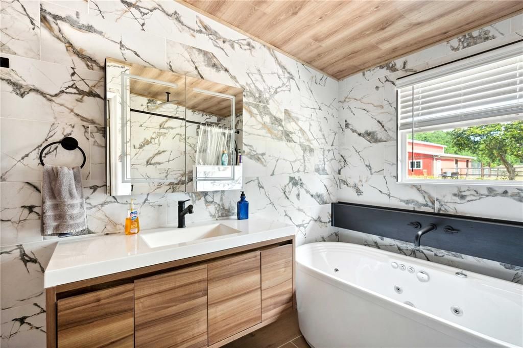 Bathroom, Free Standing Baths, Interior, Marble Walls, Wooden Ceilings