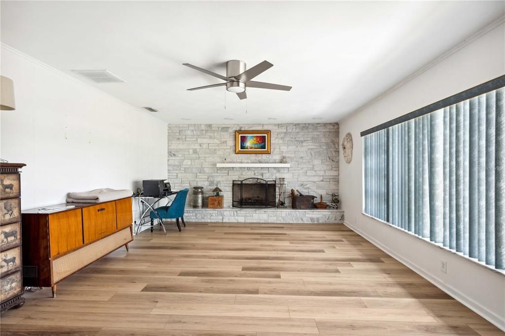 Fireplace, Home Office, Interior, Stone Walls, Wood Texture Flooring