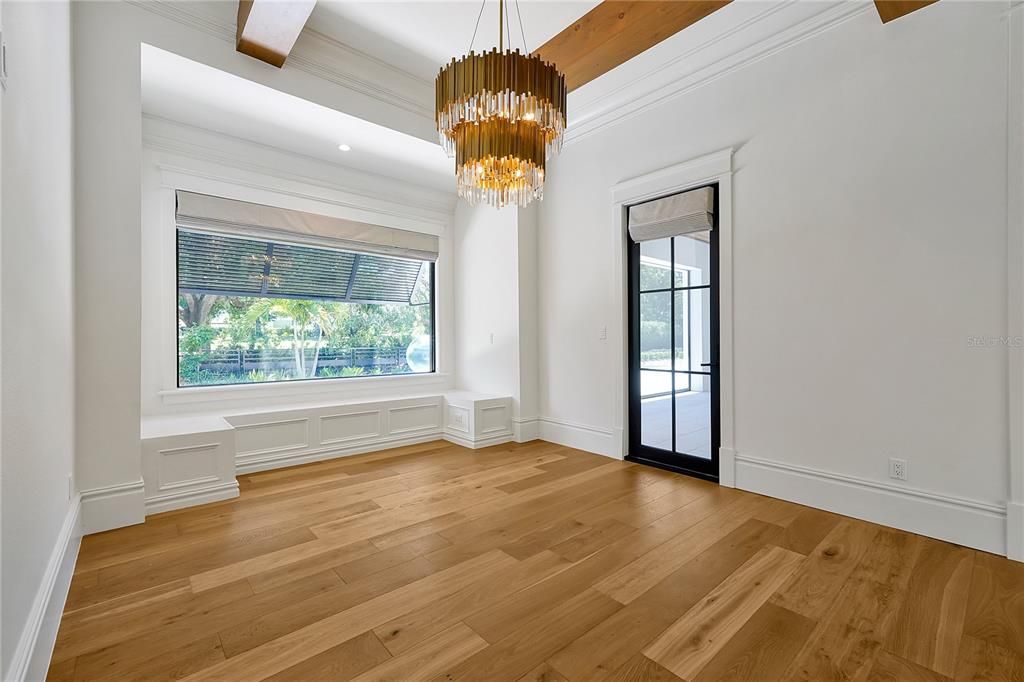 Chandelier, Empty room, Interior, Recessed Lighting, Wood Texture Flooring