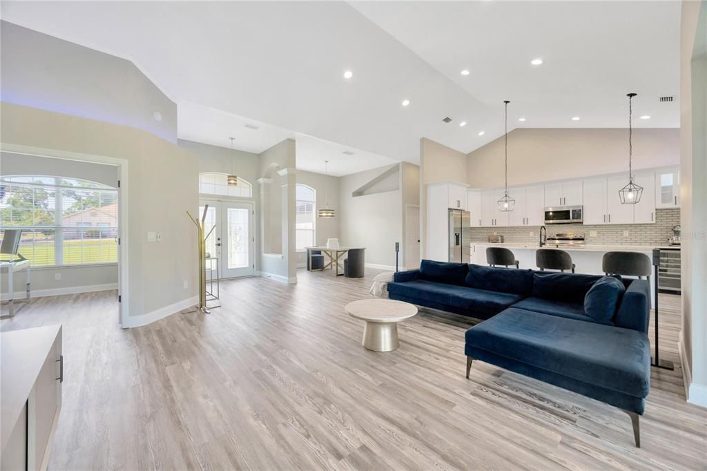 Interior, Kitchen, Living room, Pendant Lights, Recessed Lighting, Stainless Steel Appliances, Wood Texture Flooring