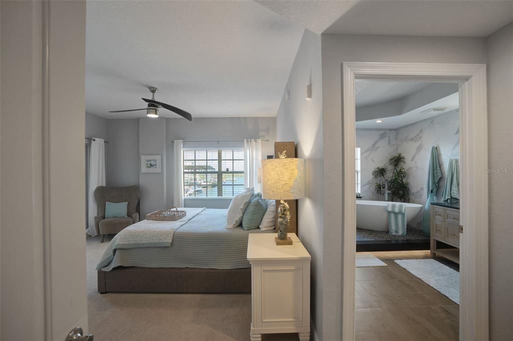 Bedroom, Interior, Marble Walls, Recessed Lighting, Wood Texture Flooring