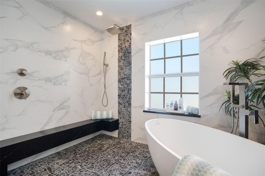 Bathroom, Free Standing Baths, Interior, Marble Walls, Recessed Lighting