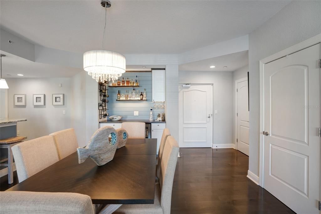 Chandelier, Dining room, Interior, Recessed Lighting, Wood Texture Flooring