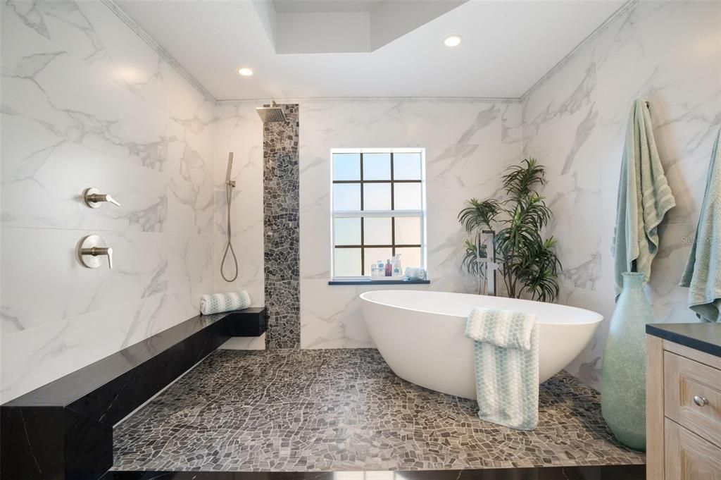 Bathroom, Free Standing Baths, Interior, Marble Walls, Recessed Lighting