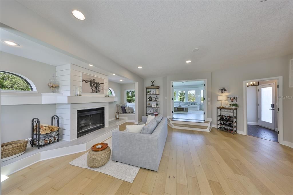 Fireplace, Interior, Living room, Recessed Lighting, Wood Texture Flooring