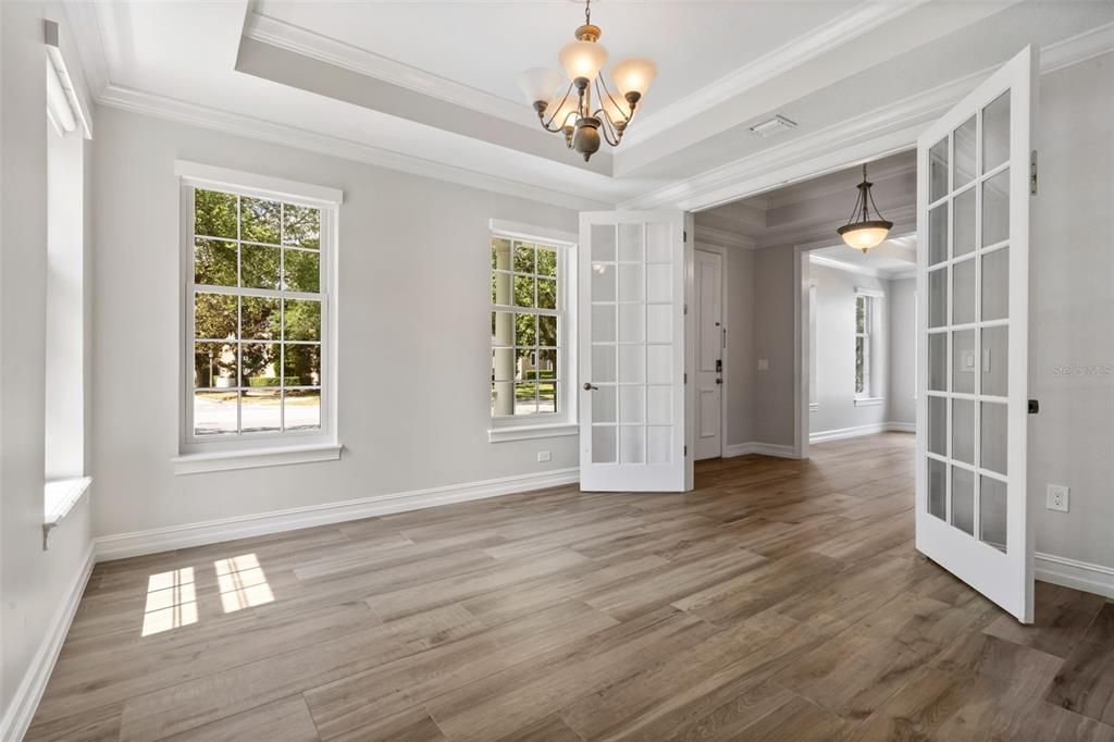 Chandelier, Empty room, Interior, Pendant Lights, Wood Texture Flooring