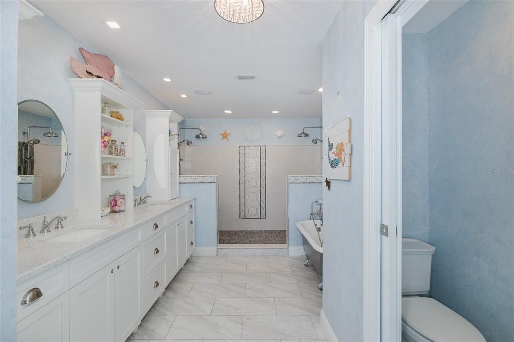 Bathroom, Dual Sink Vanities, Interior, Marble, Recessed Lighting