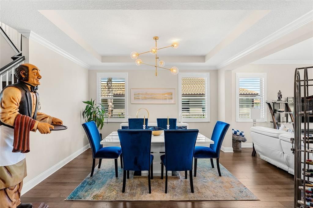 Dining room, Interior, Pendant Lights, Wood Texture Flooring