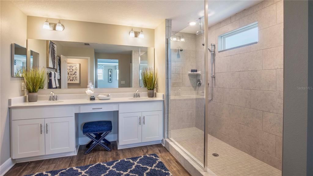 Bathroom, Dual Sink Vanities, Glass Shower, Interior, Wood Texture Flooring