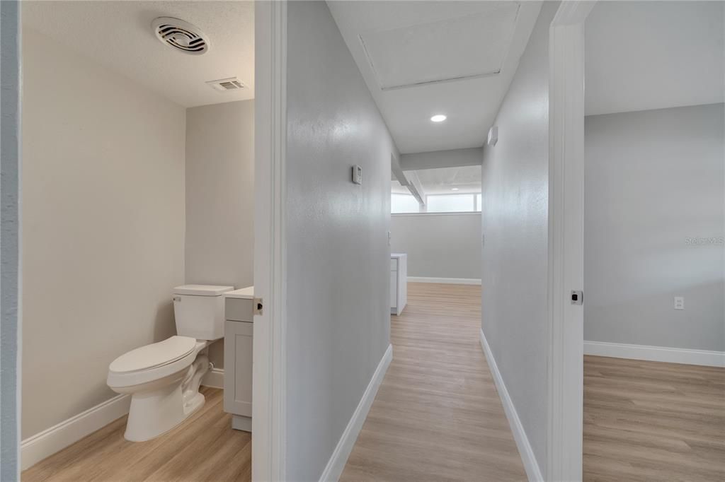 Bathroom, Interior, Recessed Lighting, Wood Texture Flooring