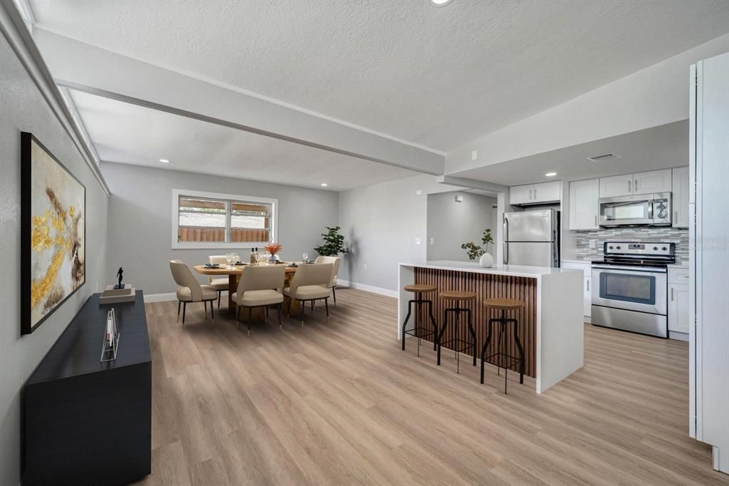 Dining room, Interior, Kitchen, Recessed Lighting, Stainless Steel Appliances, Wood Texture Flooring