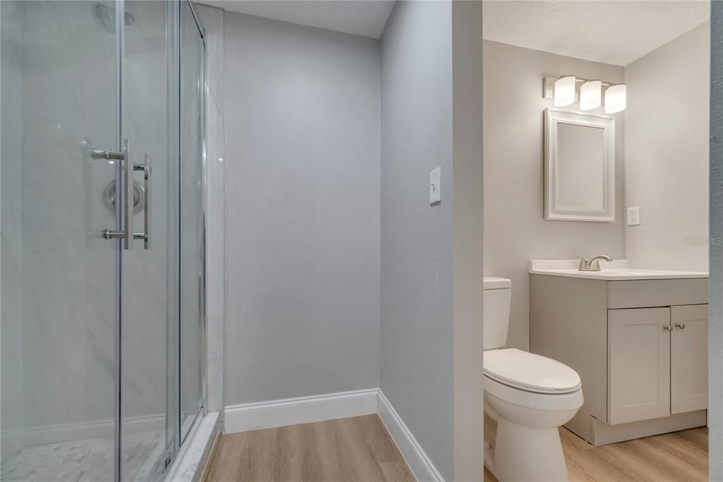Bathroom, Glass Shower, Interior, Wood Texture Flooring