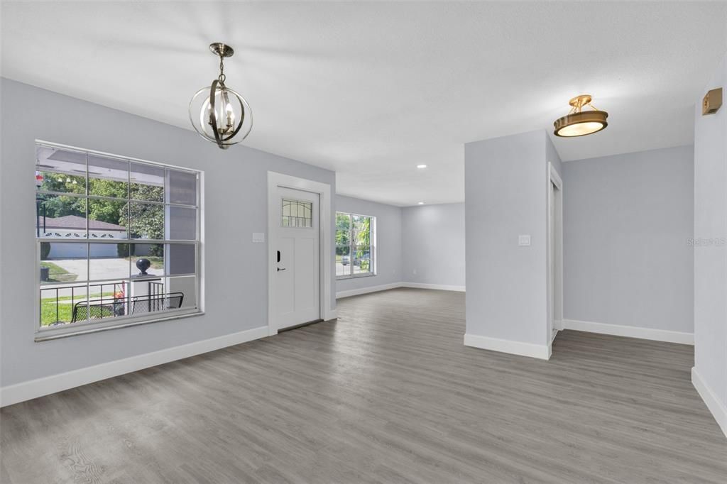 Empty room, Interior, Pendant Lights, Recessed Lighting, Wood Texture Flooring