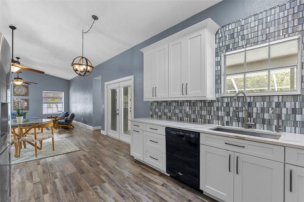 Dining room, Interior, Kitchen, Pendant Lights, Wood Texture Flooring