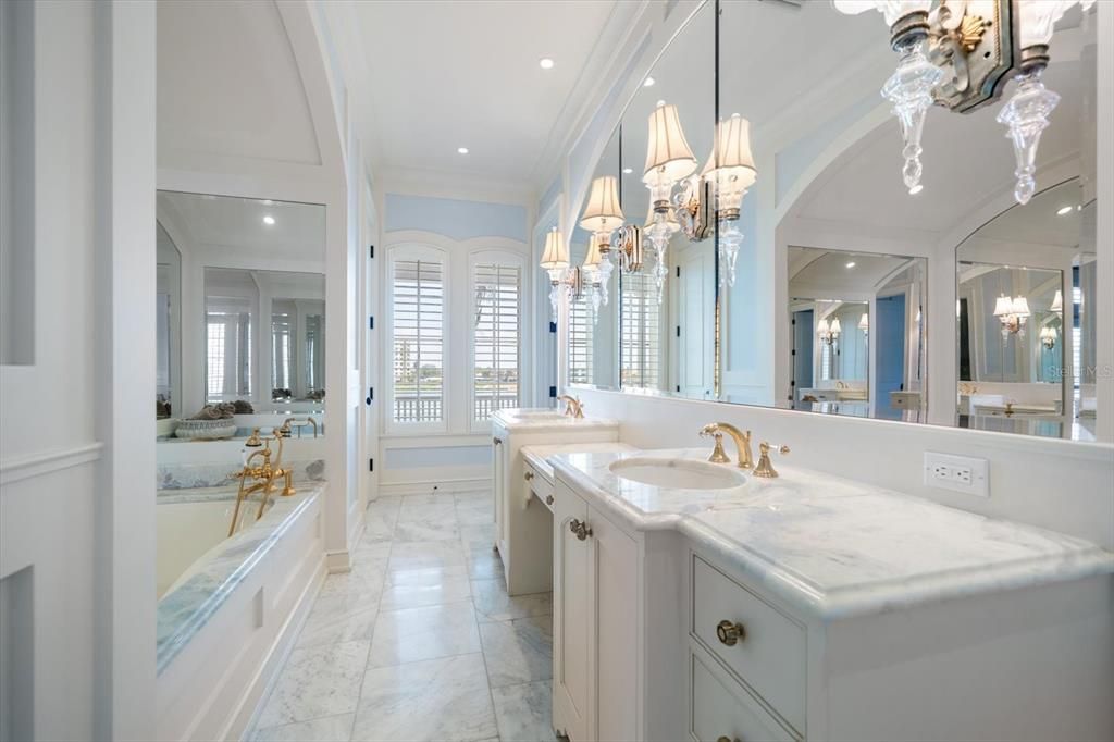 Bathroom, Chandelier, Interior, Marble, Recessed Lighting