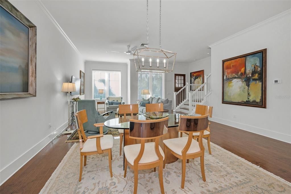 Dining room, Interior, Living room, Pendant Lights, Wood Texture Flooring
