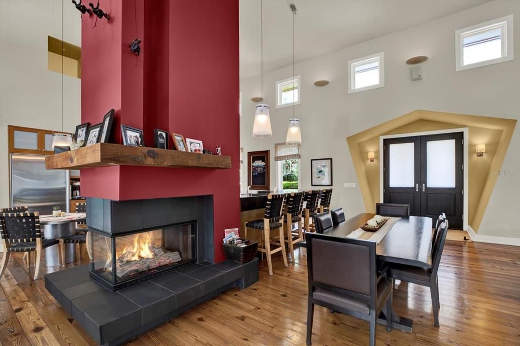 Dining room, Fireplace, Interior, Pendant Lights, Wood Texture Flooring