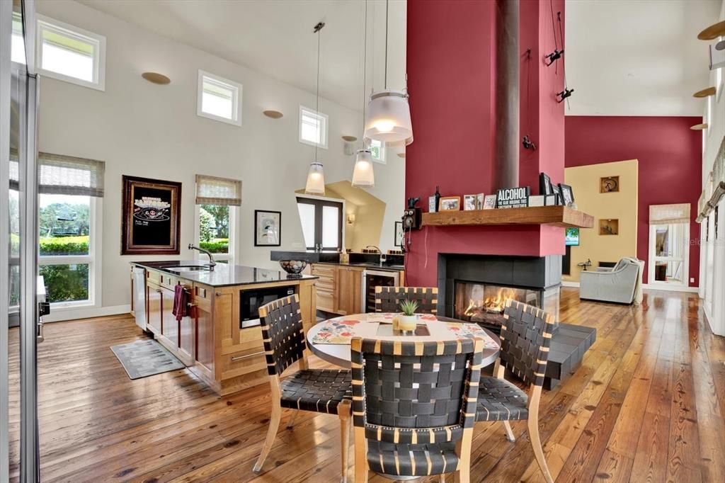 Dining room, Fireplace, Interior, Kitchen, Pendant Lights, Wood Texture Flooring