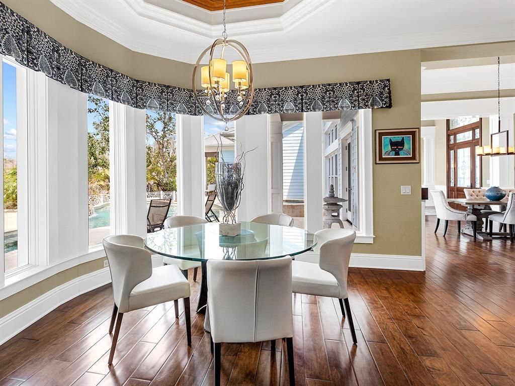 Chandelier, Dining room, Interior, Pendant Lights, Wood Texture Flooring