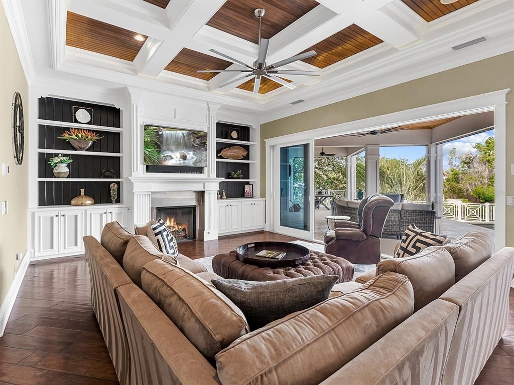 Fireplace, Interior, Living room, Recessed Lighting, Wooden Ceilings, Wood Texture Flooring