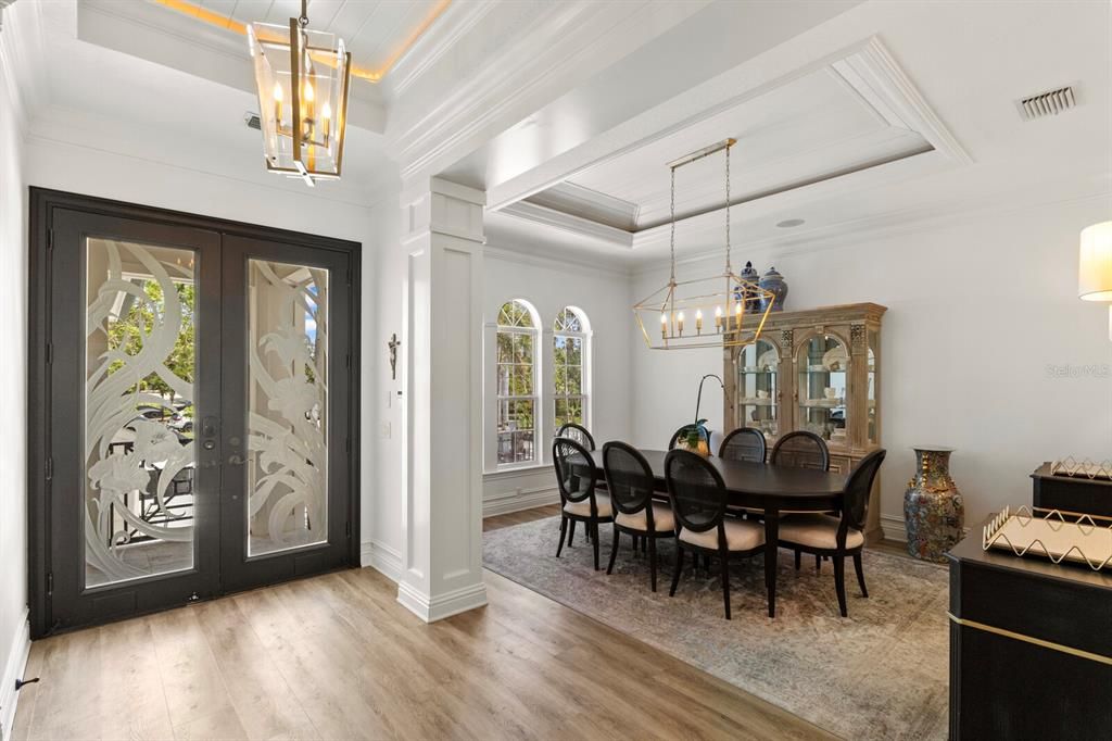 Chandelier, Dining room, Interior, Pendant Lights, Wood Texture Flooring