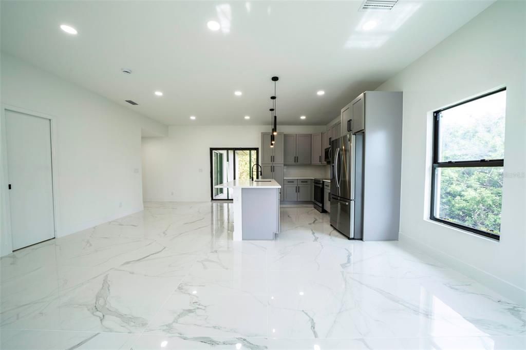 Interior, Kitchen, Marble, Pendant Lights, Recessed Lighting