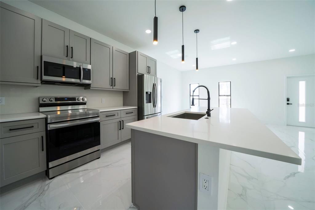 Interior, Kitchen, Marble, Pendant Lights, Recessed Lighting, Stainless Steel Appliances