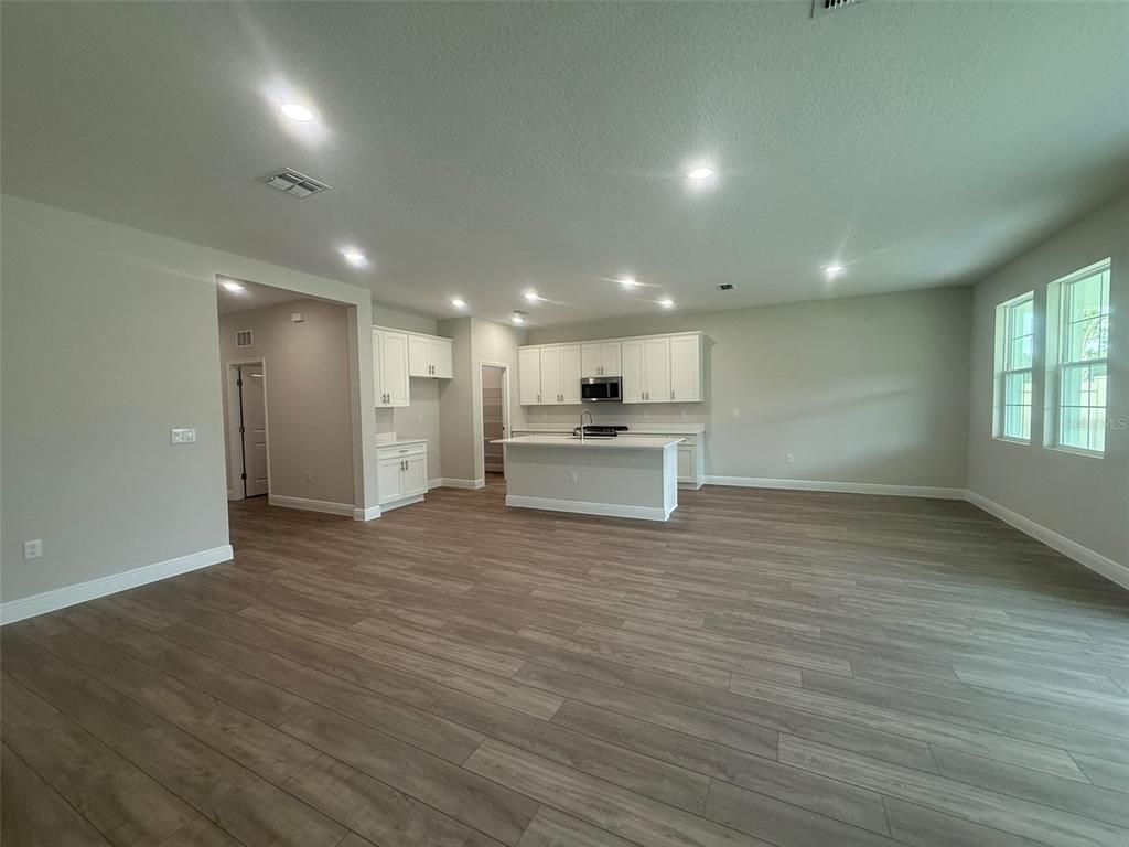 Empty room, Interior, Kitchen, Recessed Lighting, Wood Texture Flooring