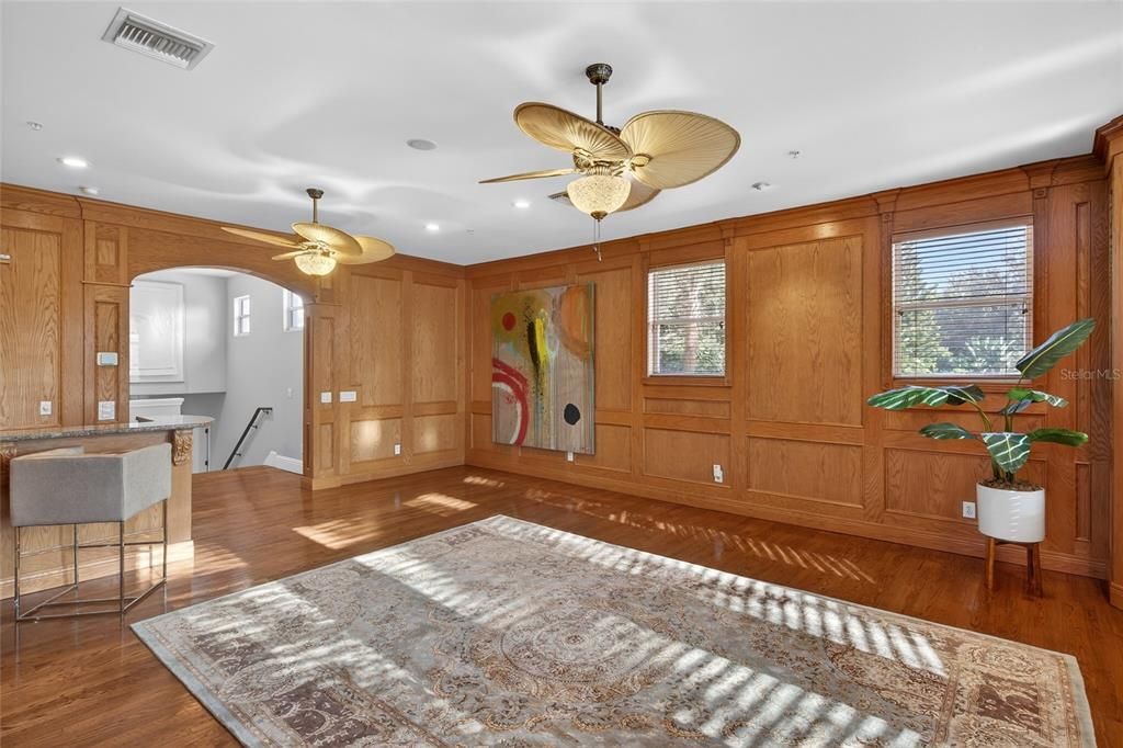 Interior, Recessed Lighting, Wood Texture Flooring, Wooden Walls